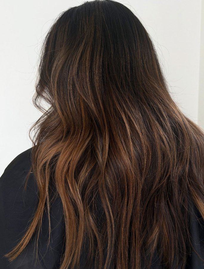 After: brunette balayage with hand-painted caramel ribbons by Maddie Dean