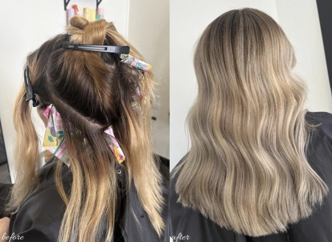 Before and after: uneven, banded blonde corrected into a soft, lived-in blonde by Ayla Wilson