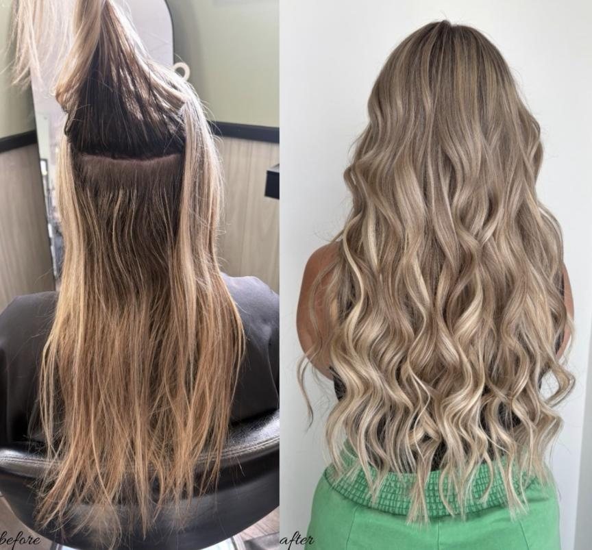 Before and after: full highlight, root tap and beige toner with hand-tied extensions by Emily Campbell
