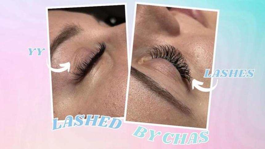 A YY lash set before and after by Chasity Blake at Golden Hour Esthetics